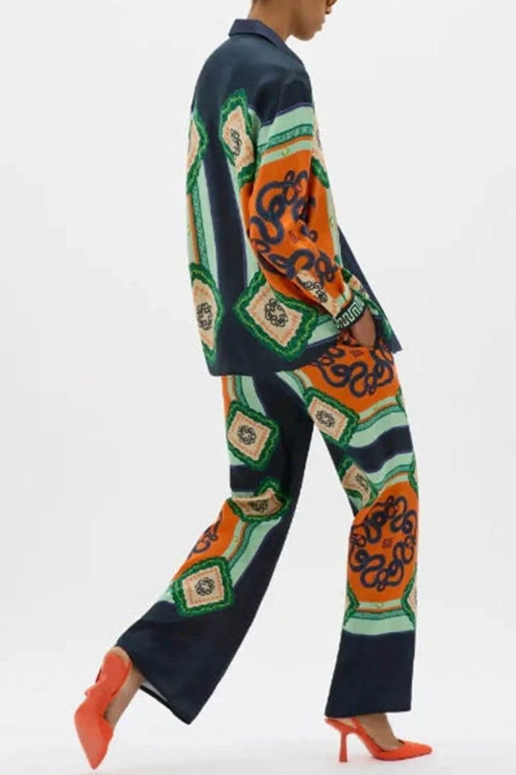 Vacation Times Satin Unique Print Long Sleeve Shirt And Elastic Waist Pocketed Wide Leg Pants - Fashionpara