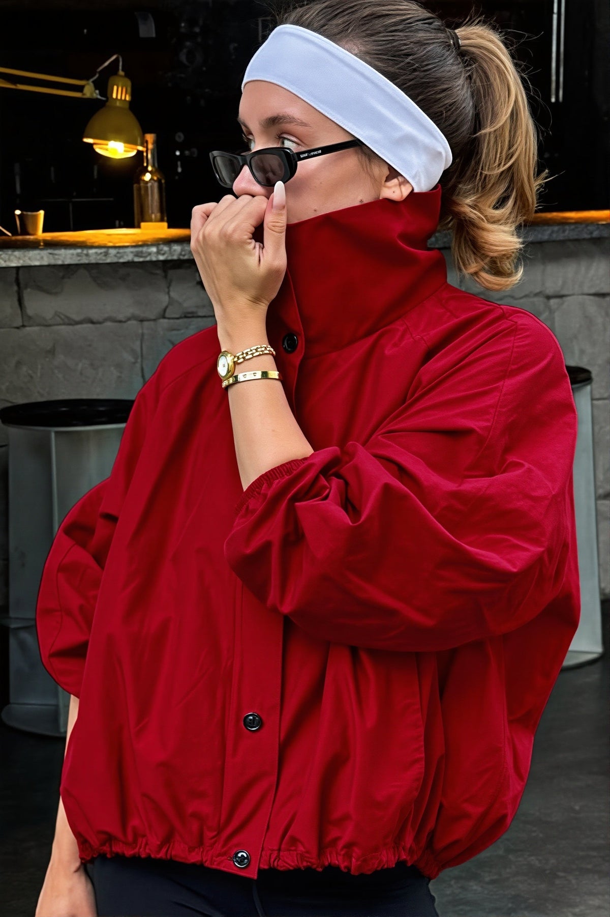 High Neck Drawstring Windbreaker Jacket
