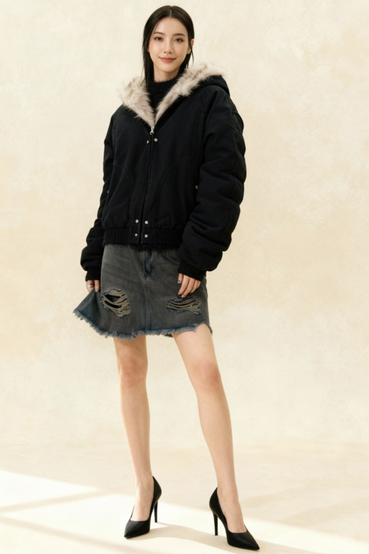 Fur-Trimmed Hooded Bomber Jacket
