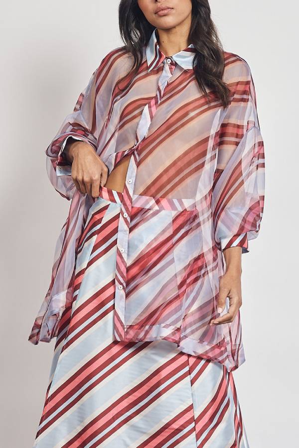 Brighter Days Sheer Organza Striped Tie-up Oversized Blouse - Fashionpara