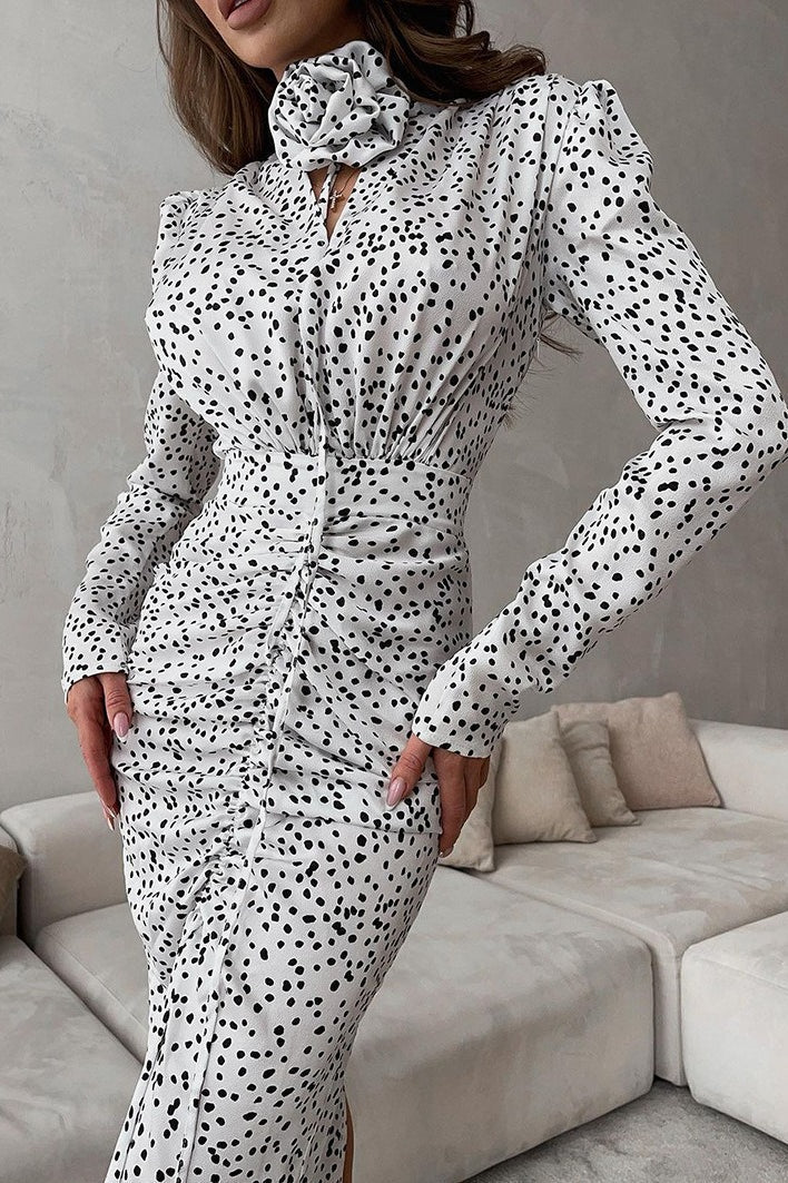Polka Dot Floral V-Neck Puff Sleeve Maxi Dress - Fashionpara