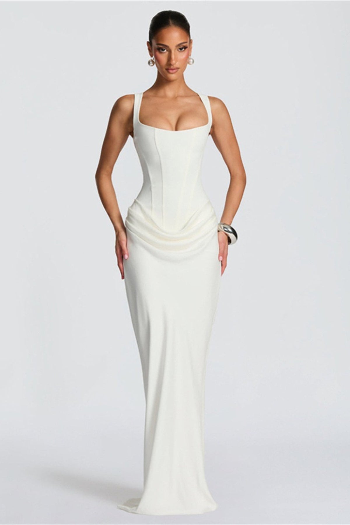 Solid Square Neck Ruched Panel Bodycon Party Dress