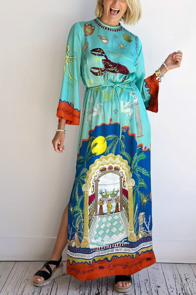 Satin Unique Print Long-sleeve Tie-waist Slit Maxi Dress - Fashionpara