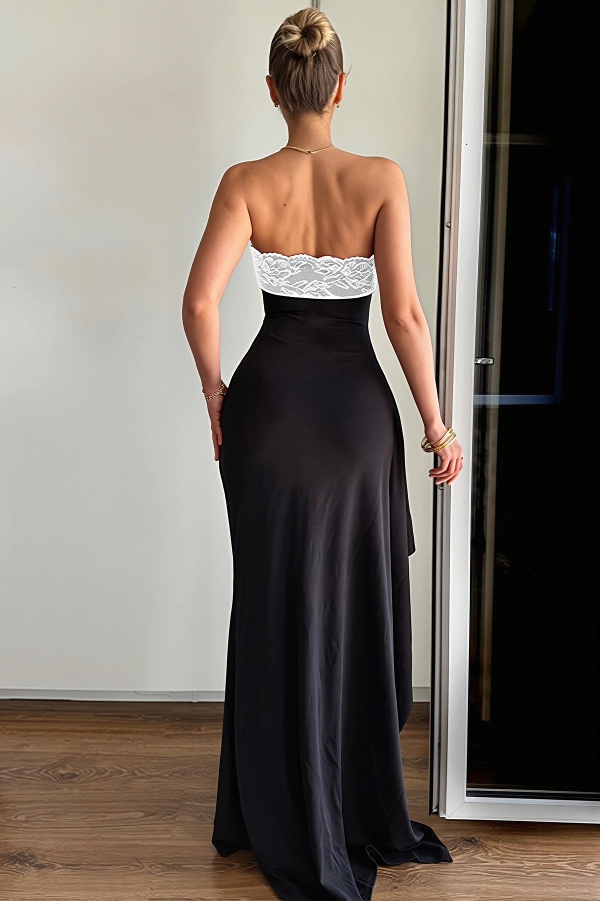Lace Trim Strapless High Split Maxi Gown