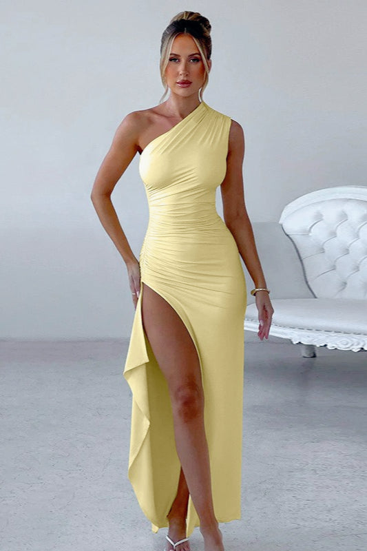 One-Shoulder Sleeveless Ruched High-Slit Maxi Gown