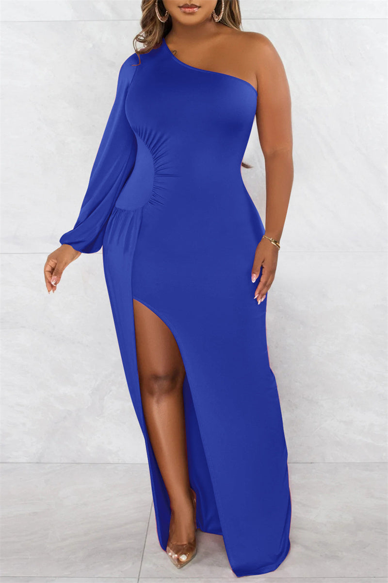 Sexy Formal Solid Backless Slit Oblique Collar Long Sleeve Dresses  Fashionpara