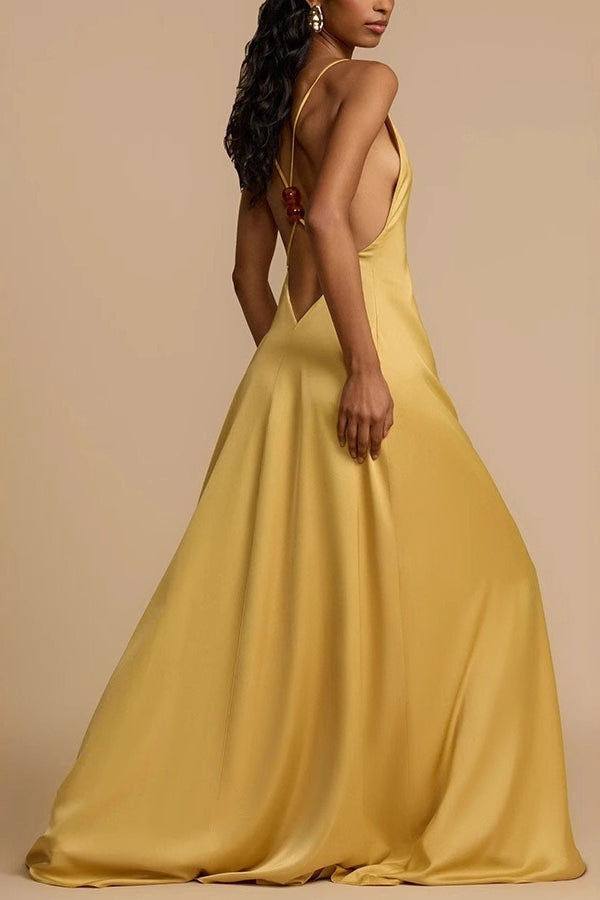 Satin Plunge V-Neck Sleeveless A-Line Maxi Gown