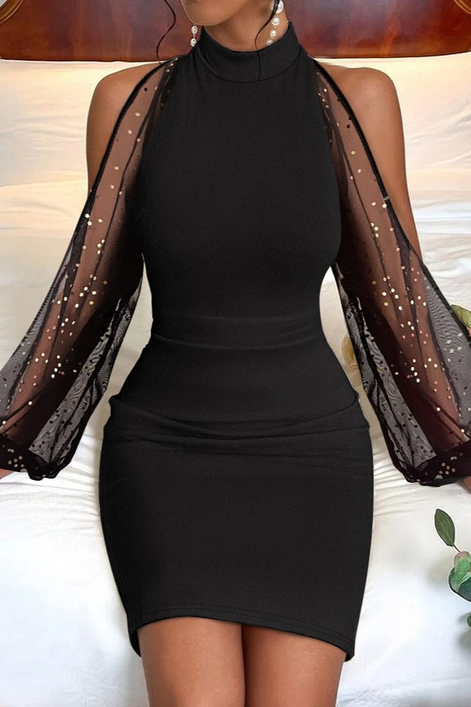 Sequin Patchwork One Shoulder Long Sleeve Bodycon Cocktail Dress