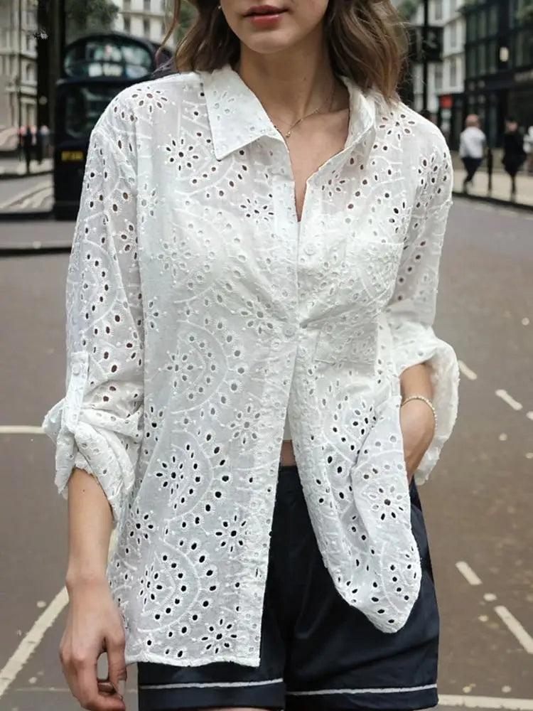 Casual Patchwork Turn-down Collar Embroidered Blouse