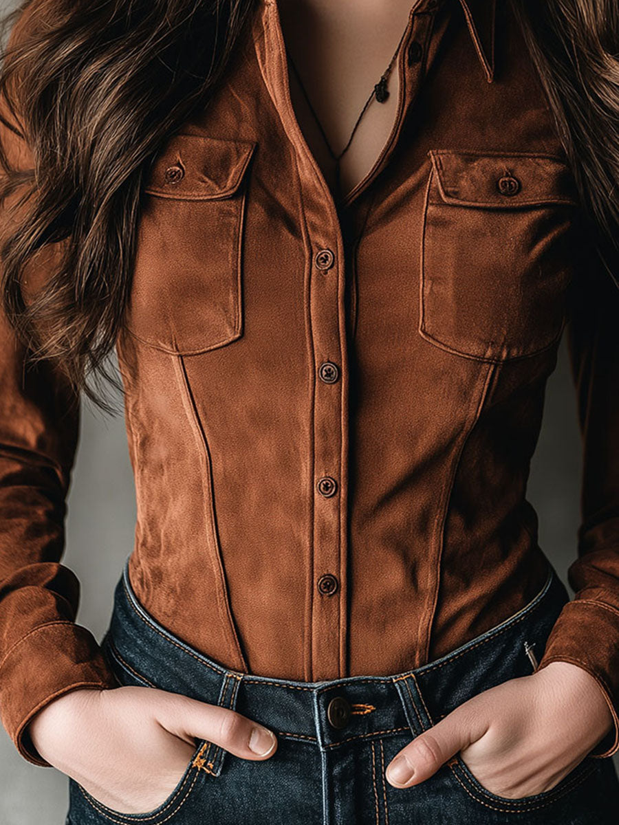 Chic Chestnut Microsuede Button-Up Corset Shirt - Fashionpara