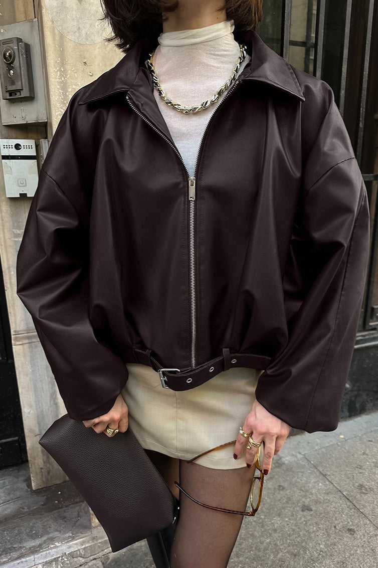 Brown Faux Leather Moto Jacket