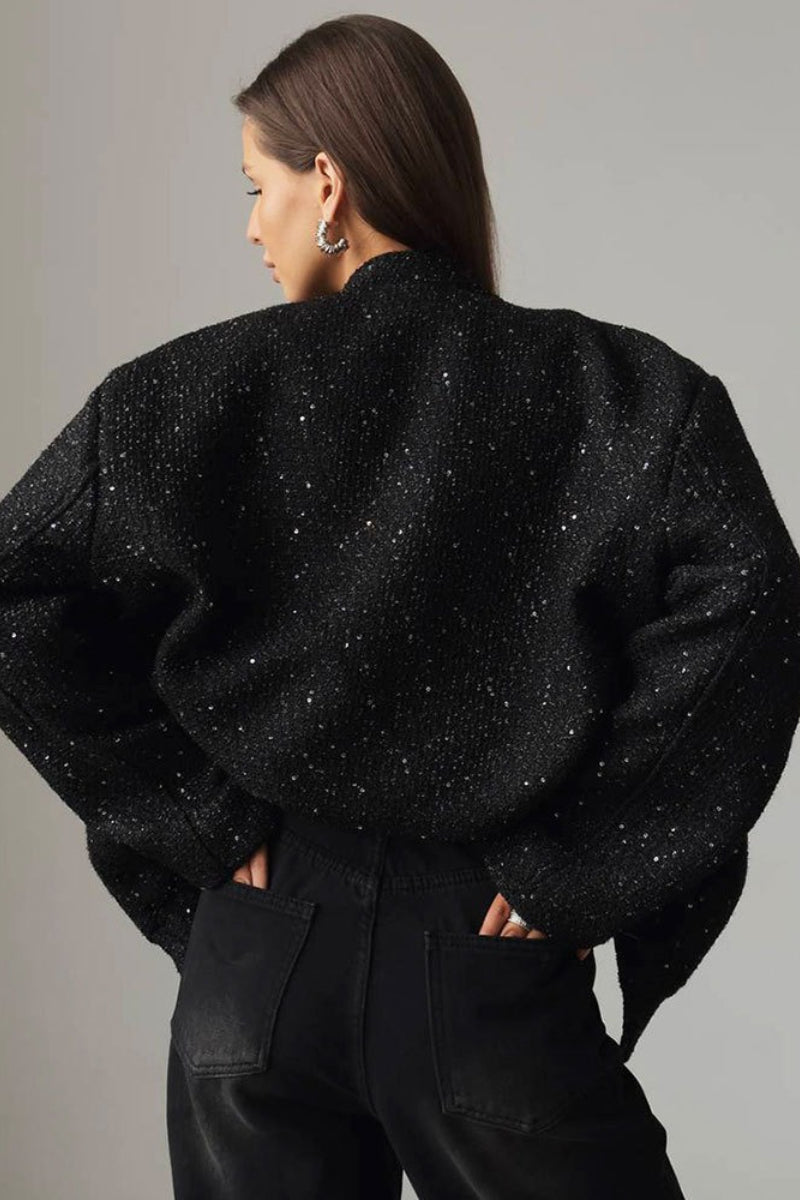 Loose Fit Sequin Bomber Coat - Fashionpara
