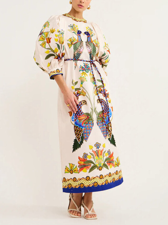 Printed Puff Sleeve Belted A-Line Maxi Dress