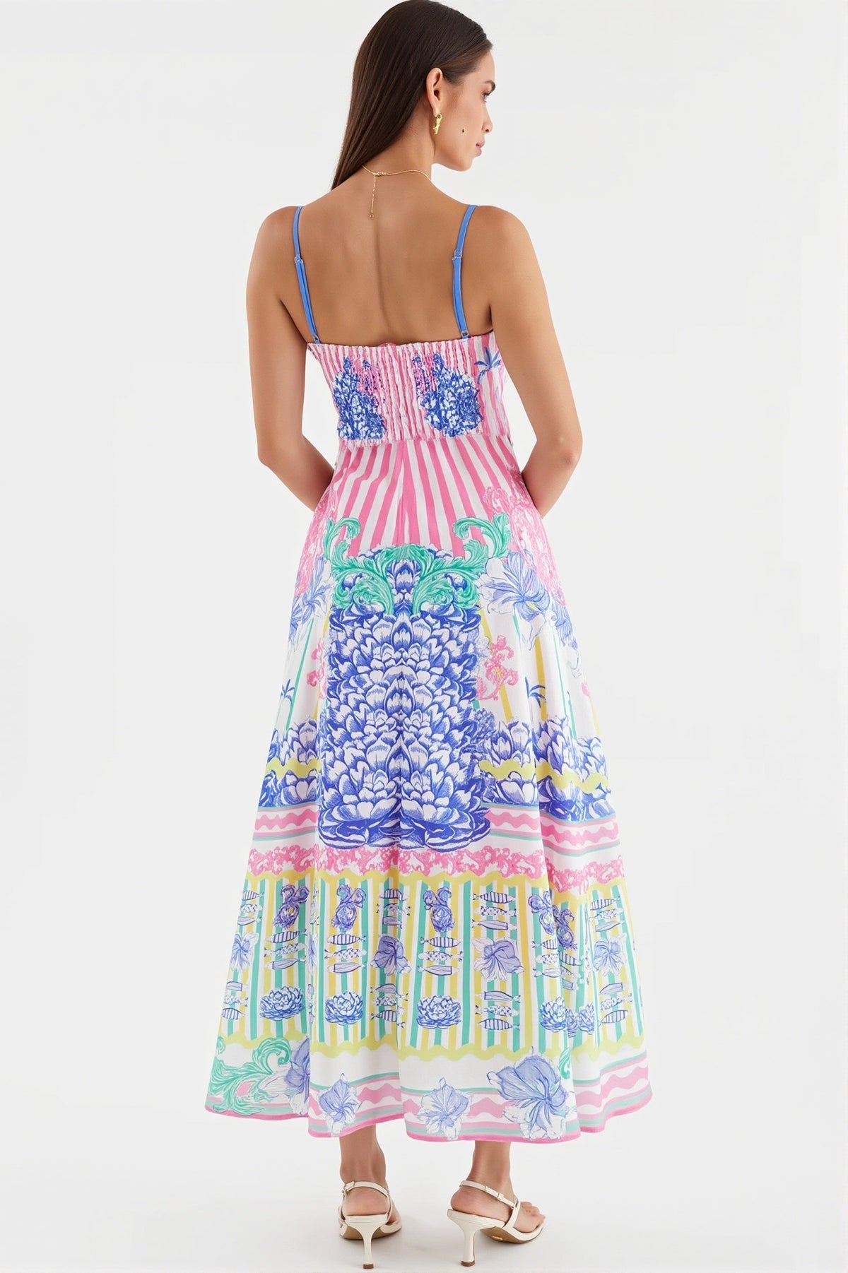 Striped Square Neck Shirred Fit and Flare Midi Dress