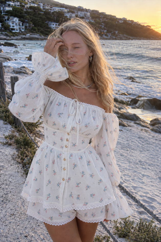 Lantern Sleeve Lace Up Off Shoulder Top Two-Piece Shorts