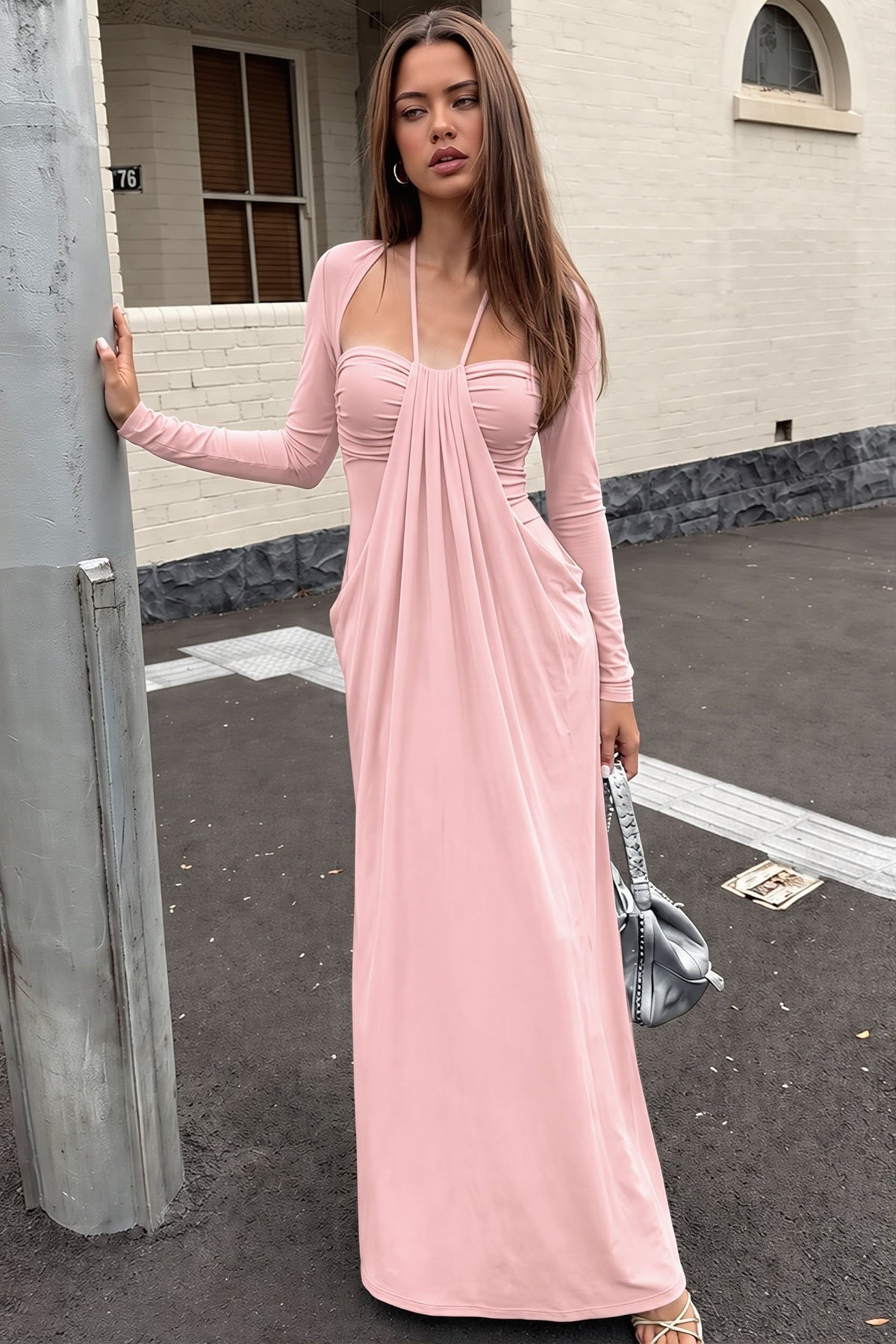 Long Sleeve Halter Neck Ruched Draped Maxi Dress 2