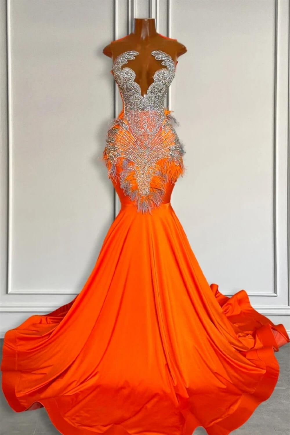 Beautiful Orange Sleeveless Illusion Mermaid Prom Party Dresses With Beads and Feathers - Fashionpara