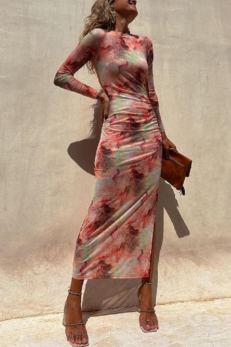 Stylish tie-dye mesh overlay printed long-sleeve ruffled stretch maxi dress