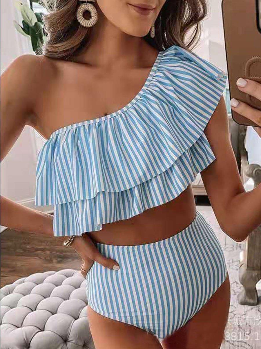 Stripe Printed Ruffle Bikini - Fashionpara
