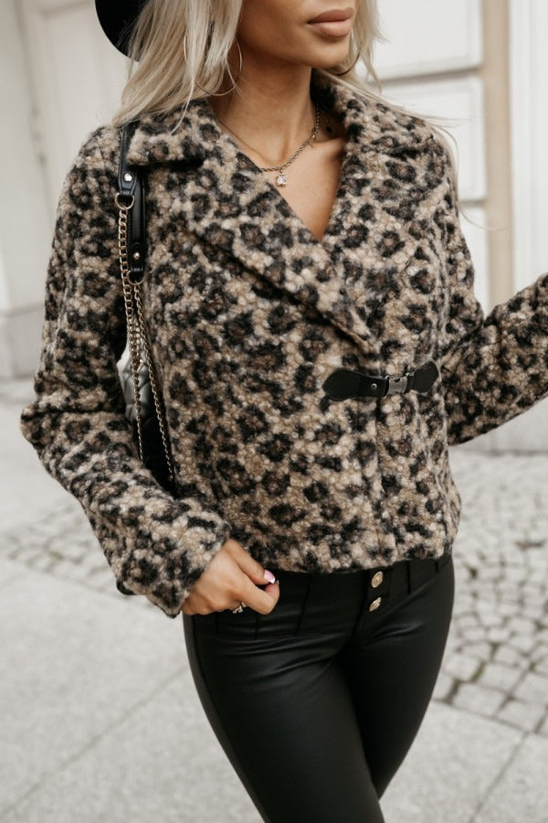 Animal Print Woolen Coat with Notch Collar for Stylish Comfort