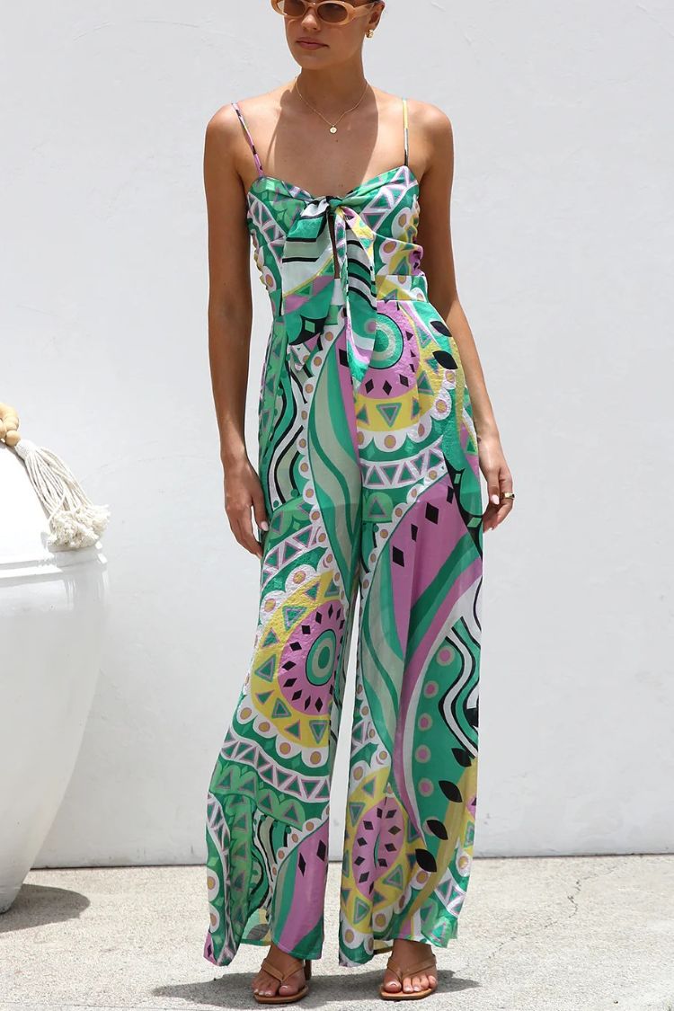 Unique Printed Suspender Back Pleated Pocket Wide-leg Jumpsuit - Fashionpara