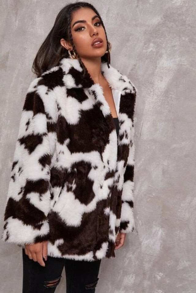 Chic Black and White Faux Fur Cow Print Coat for Style