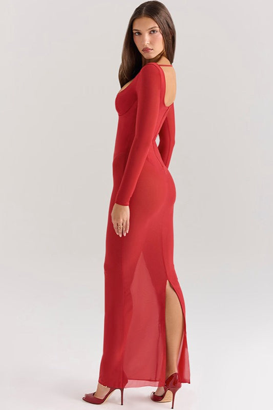 Sheer V-Neck Party Dress - Fashionpara