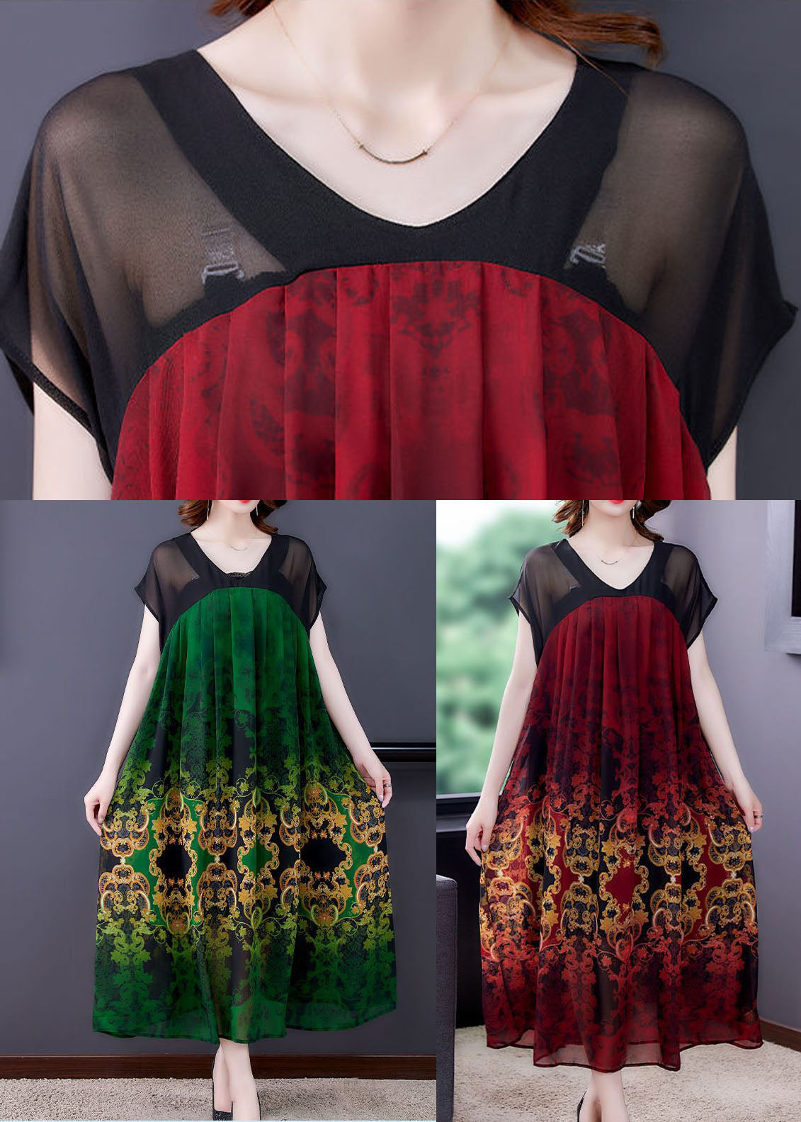 Baroque Damask Print V-Neck Sheer Short Sleeve Midi Dress - View 5