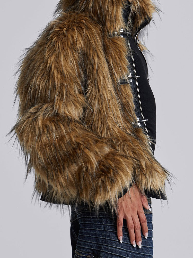 Metal Button Zipper Fur Leather Panel Loose Coat