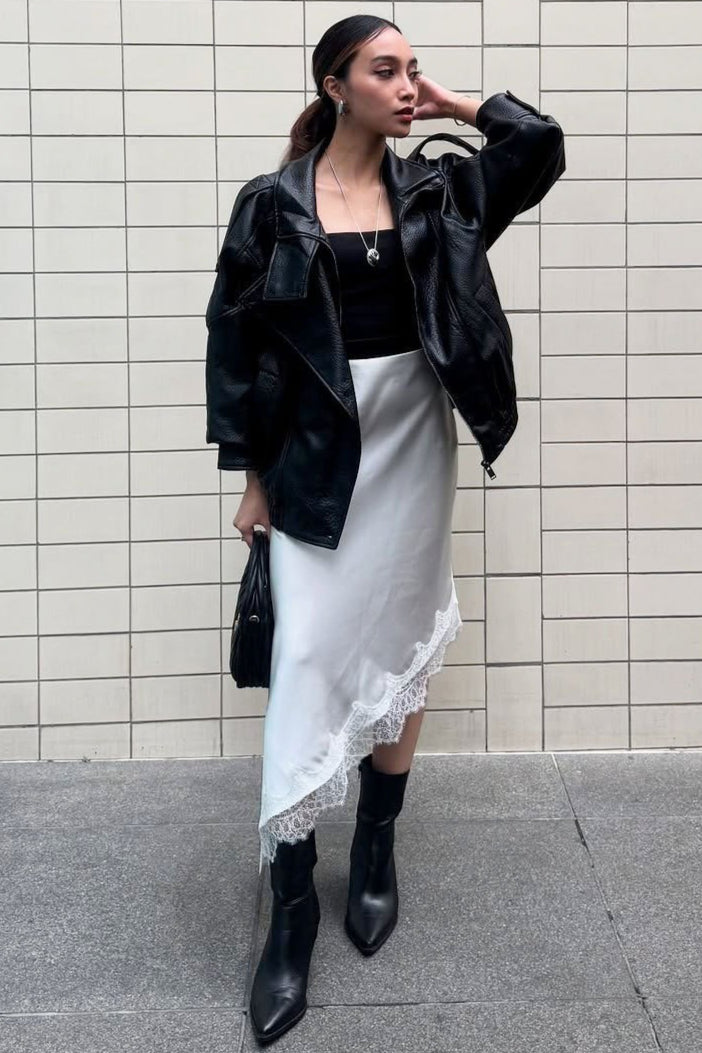 Asymmetric Lace-Hem Satin Midi Skirt
