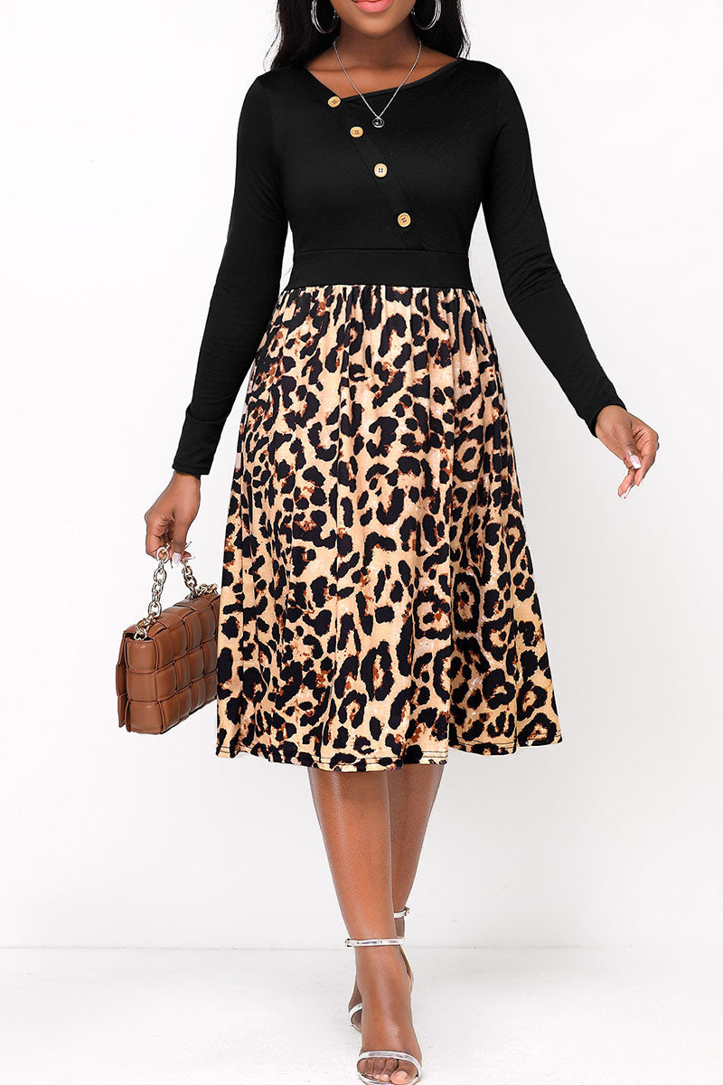 Sexy Print Leopard Patchwork Asymmetrical Collar A Line Dresses  Fashionpara