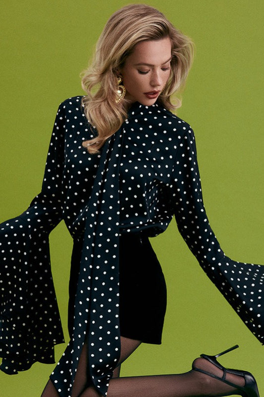 Polka Dot Tie Flare Sleeve Blouse - Fashionpara