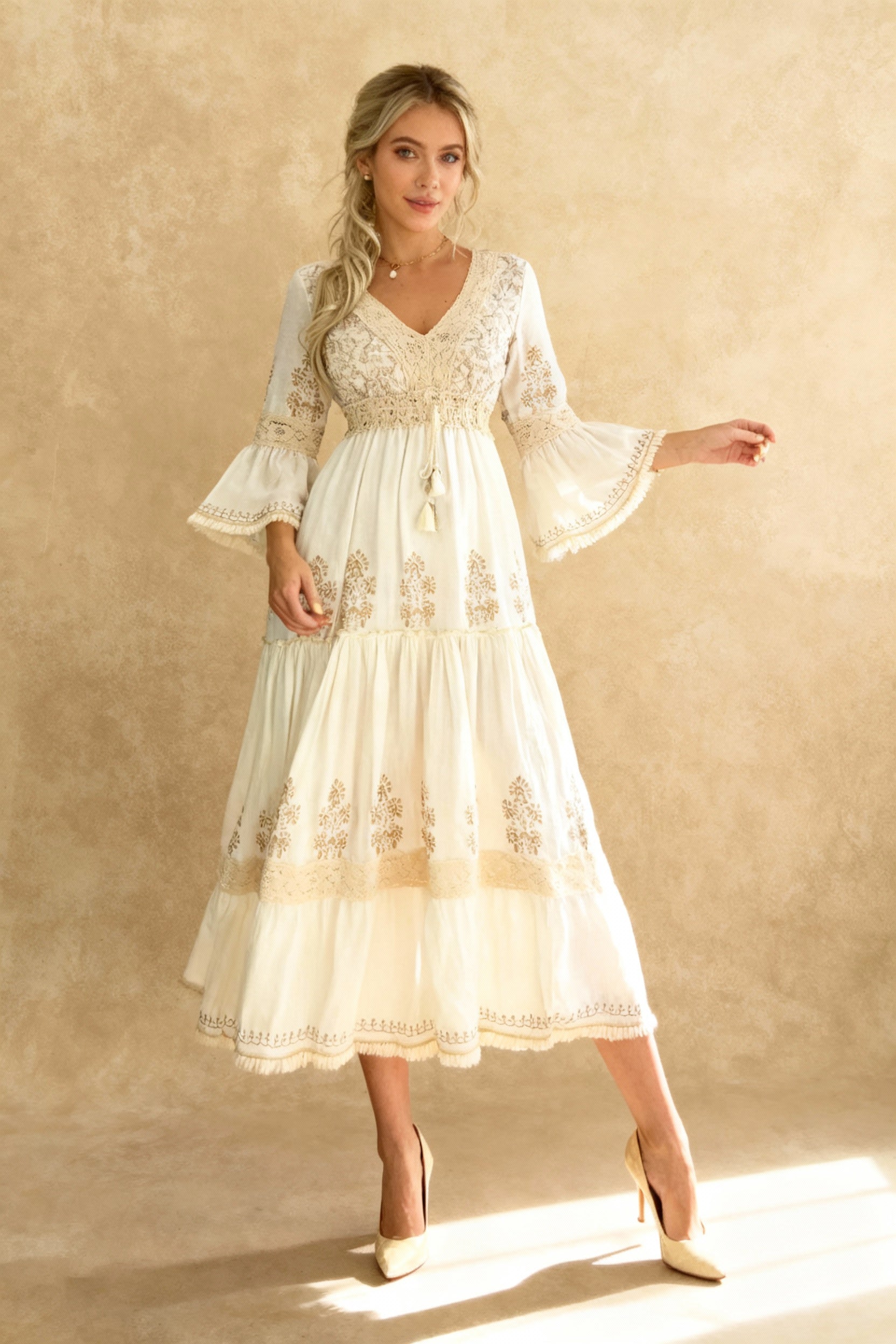 White Flare-Sleeve Ethnic Boho Dress