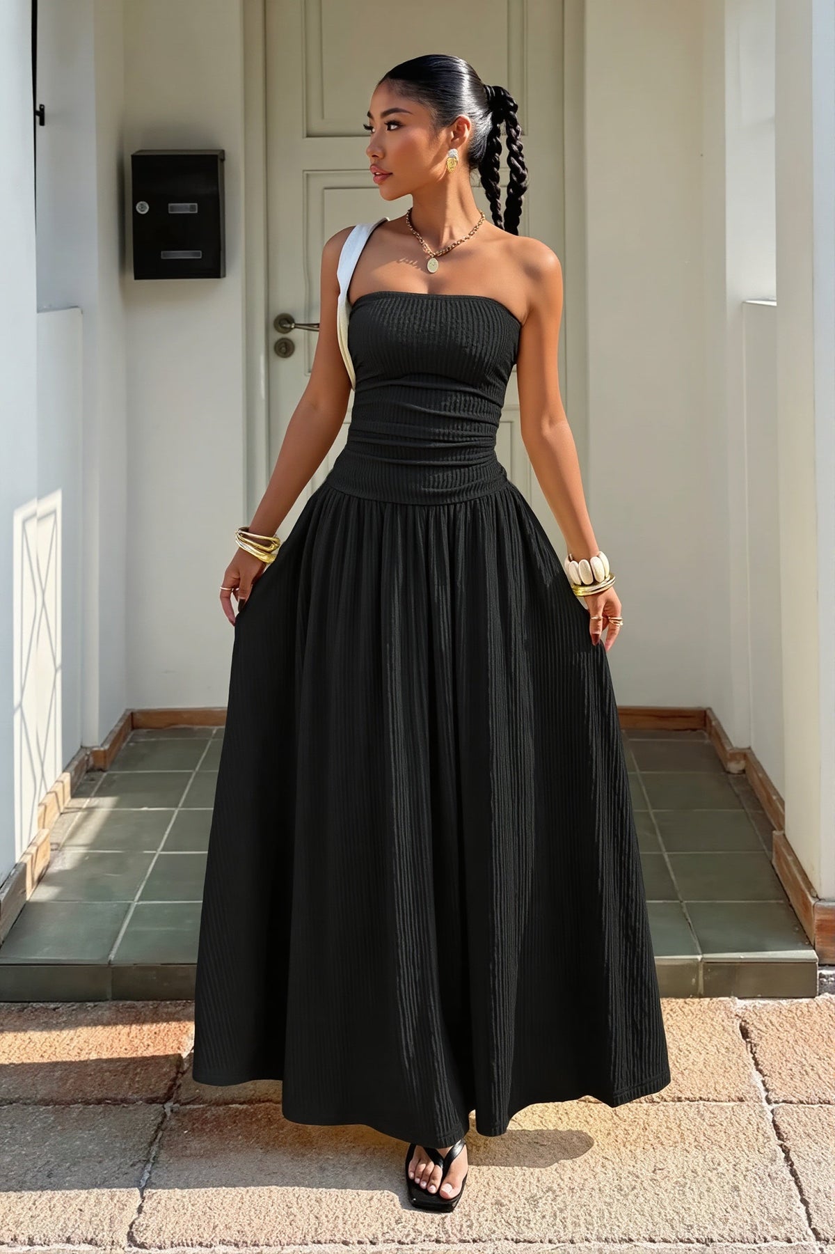 Strapless Ruched Drop Waist A-Line Maxi Dress