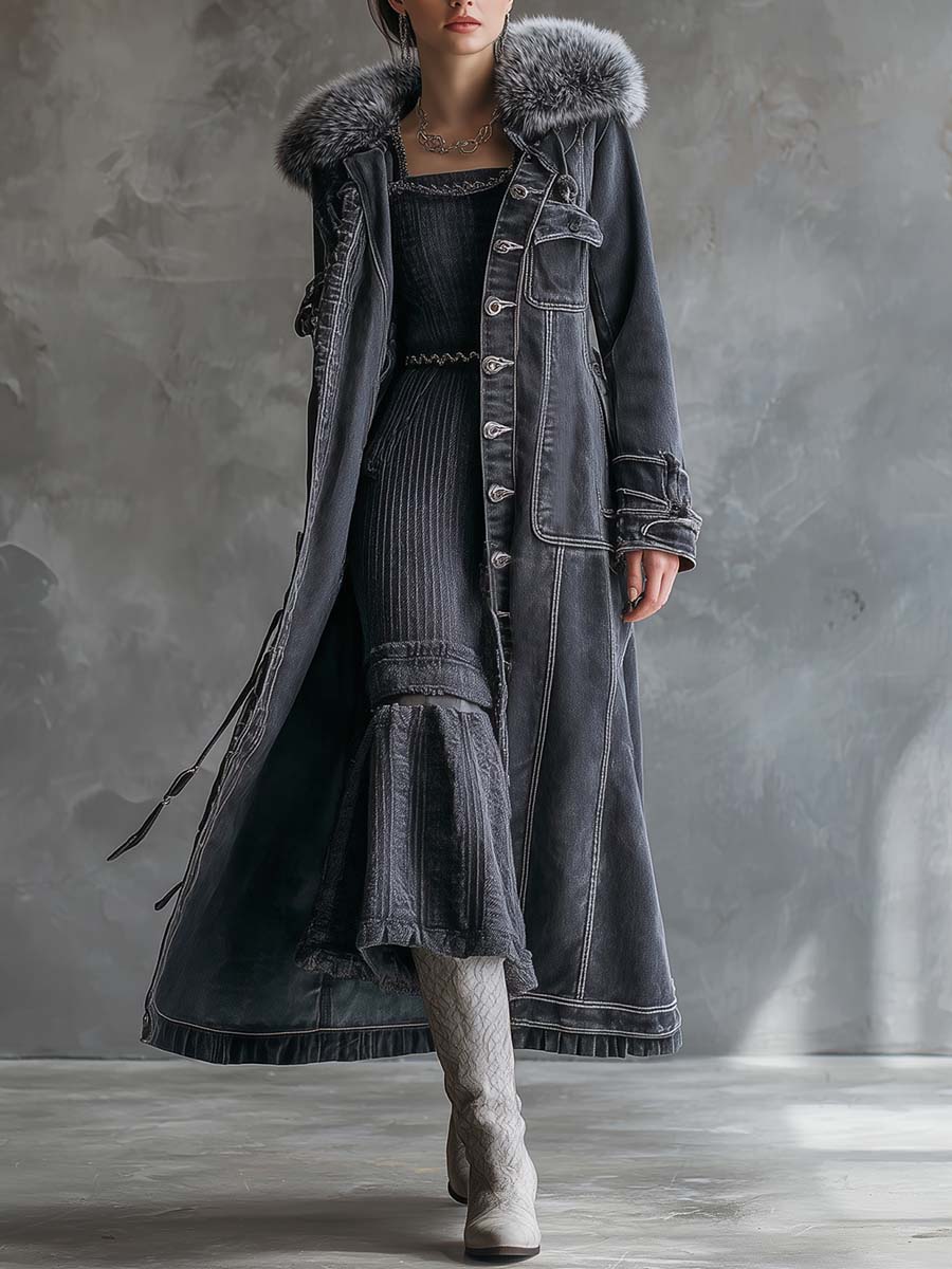 Vintage Washed Grey Denim Coat With Faux Fur Collar - Fashionpara