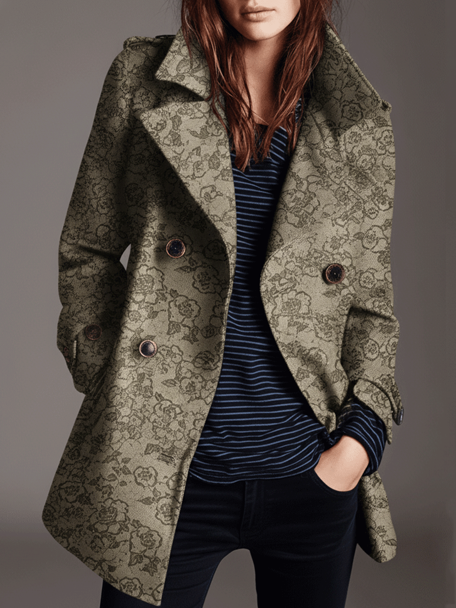 Classic Khaki Vintage Jacquard Double-Breasted Coat