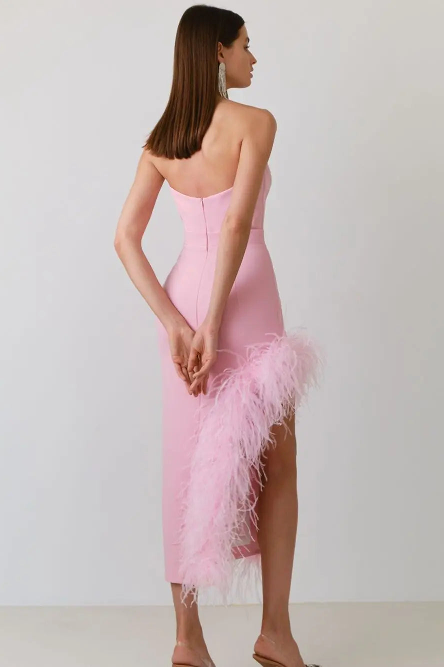 Feather Strapless Midi Dress - Fashionpara