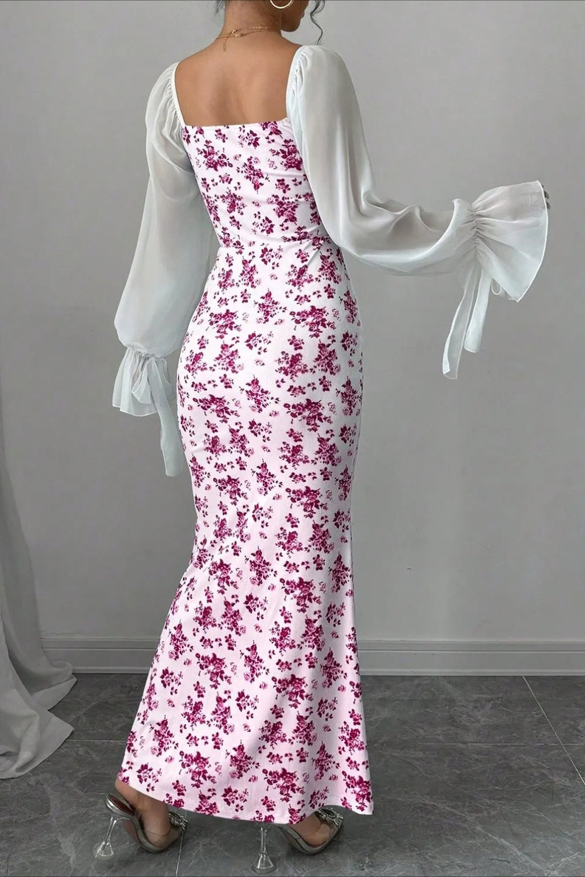 Floral Sweetheart Long Sleeve Ruched Mermaid Maxi Dress - View 5