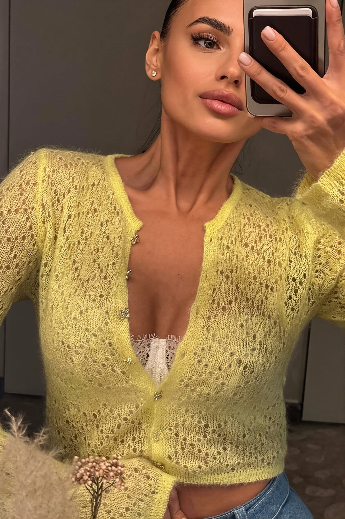 Sheer Delicate Hollow Out Crop Cardigan