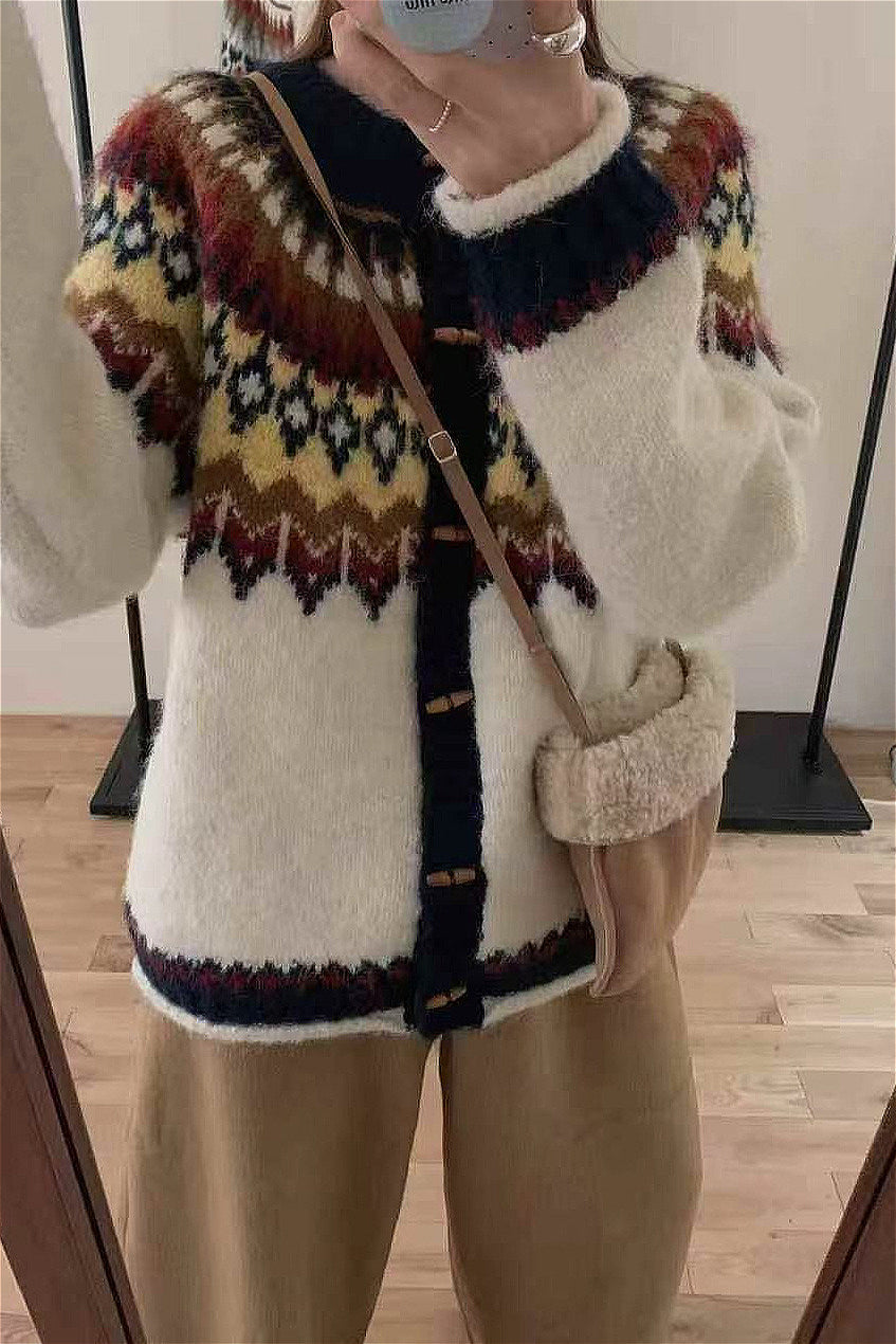 Fair Isle Knit Cardigan with Horn Buttons for Winter Style