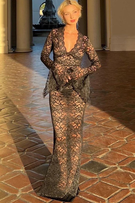 Sheer Lace V-Neck Long Bell Sleeve Maxi Dress