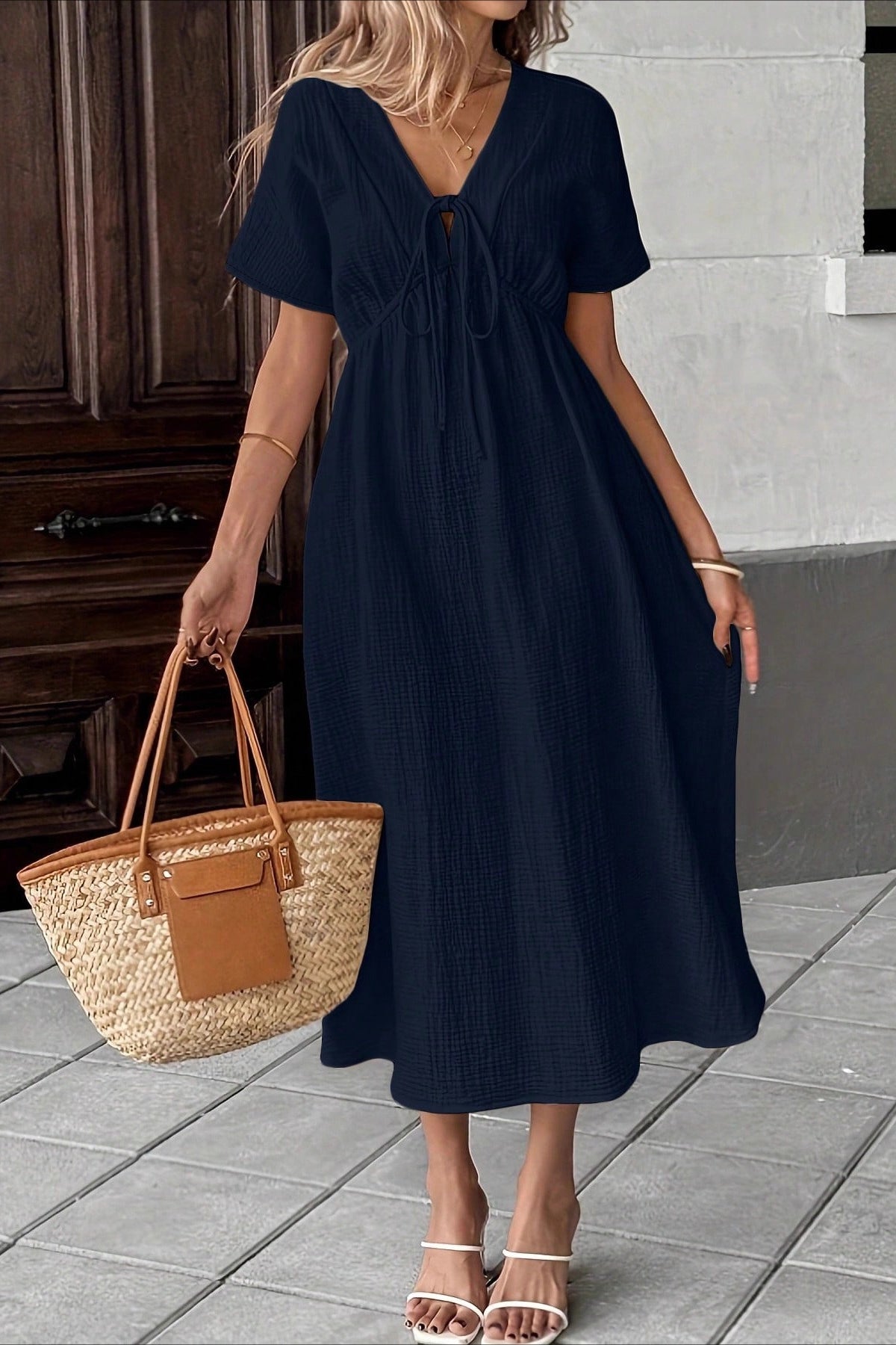 Bohemian Deep V Tie Waist Flowy Boho Dress - Fashionpara