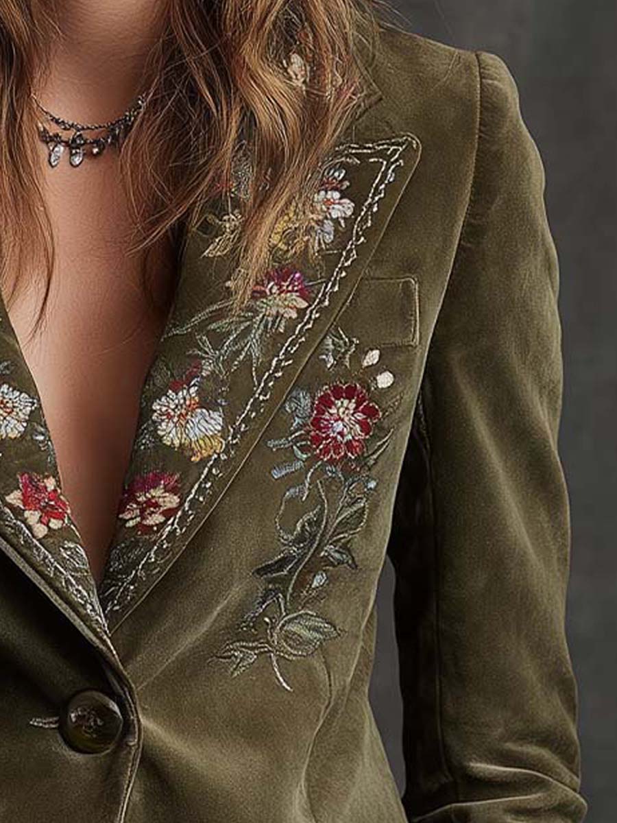 Floral Embroidered Peak Lapel Velvet Blazer 4