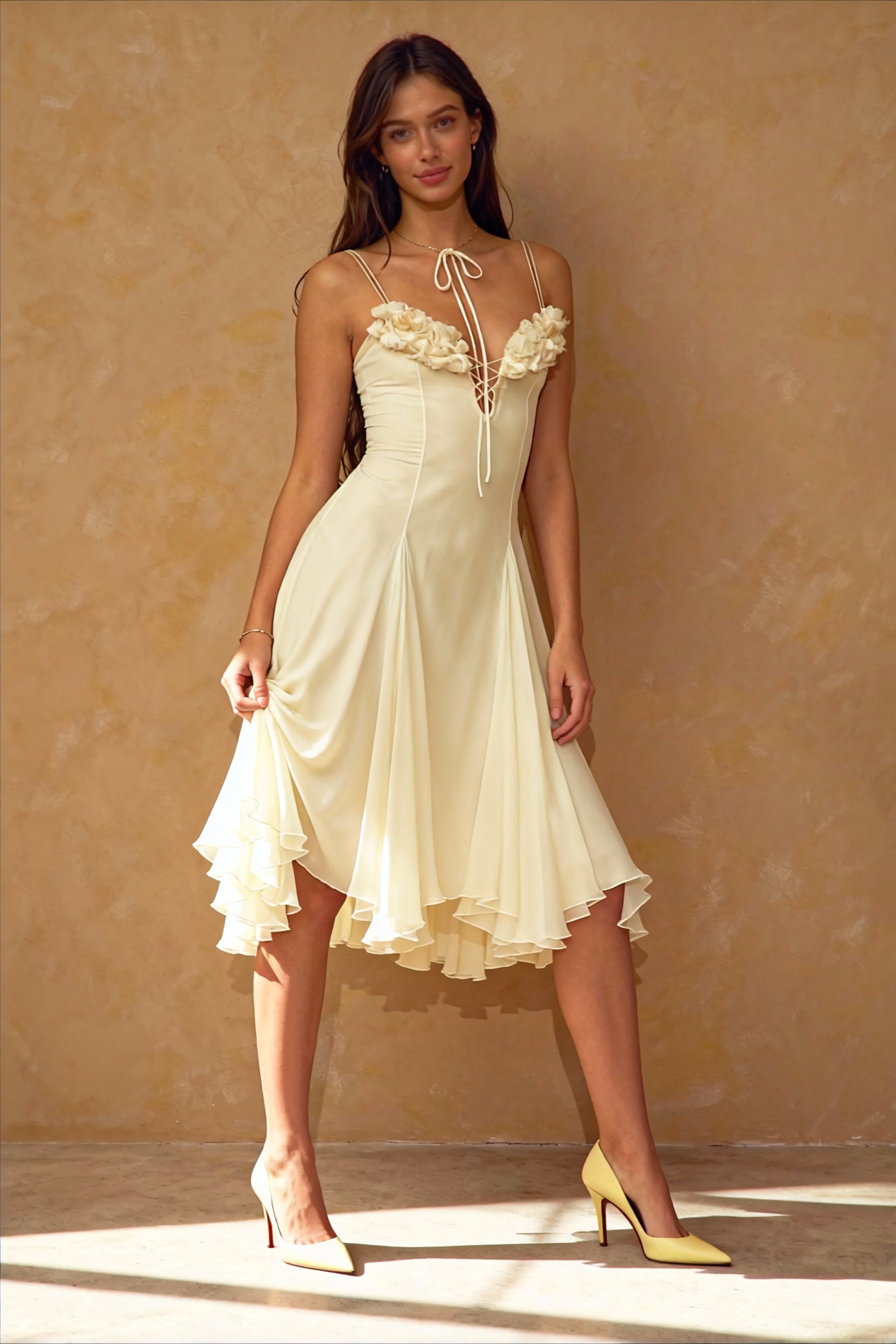 Deep V 3D Floral Sheer Midi Party Dress