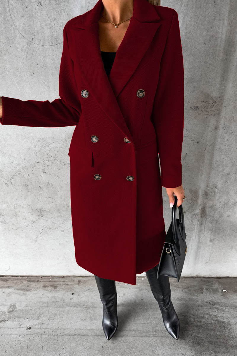 Solid Color Long Sleeve Double Breasted Coat with Pockets - Fashionpara