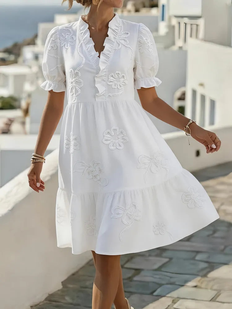 Textured Floral V-Neck Puff Sleeve Tiered Midi Dress