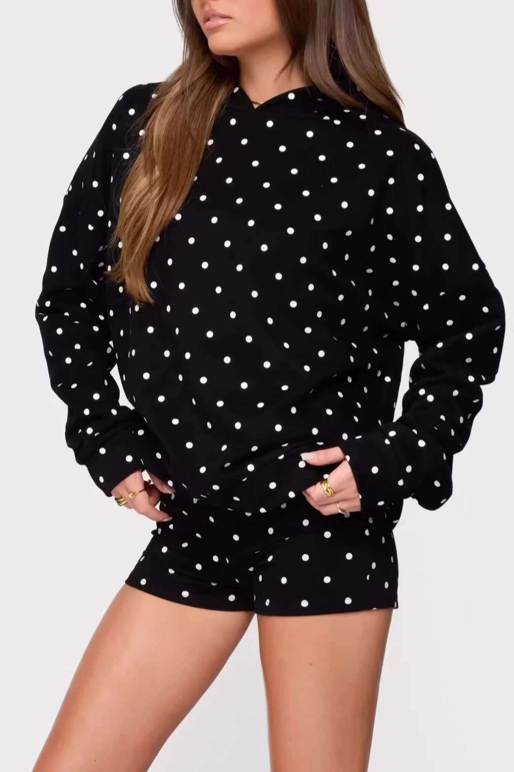 Black White Polka Dot Print Hoodie 2