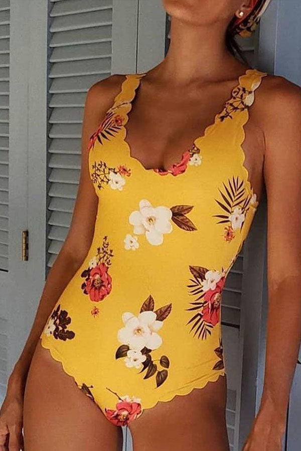 Flounce Design Floral Print Yellow One-piece Swimsuit - Fashionpara
