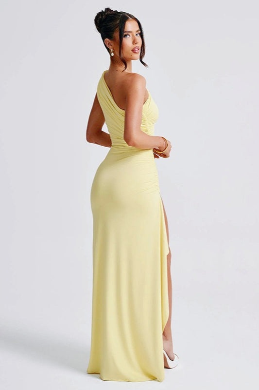 One-Shoulder Sleeveless Ruched High-Slit Maxi Gown