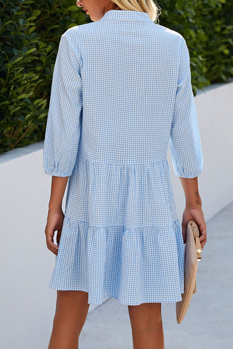 Plaid Print Button Up Split Neck Tunic Dress